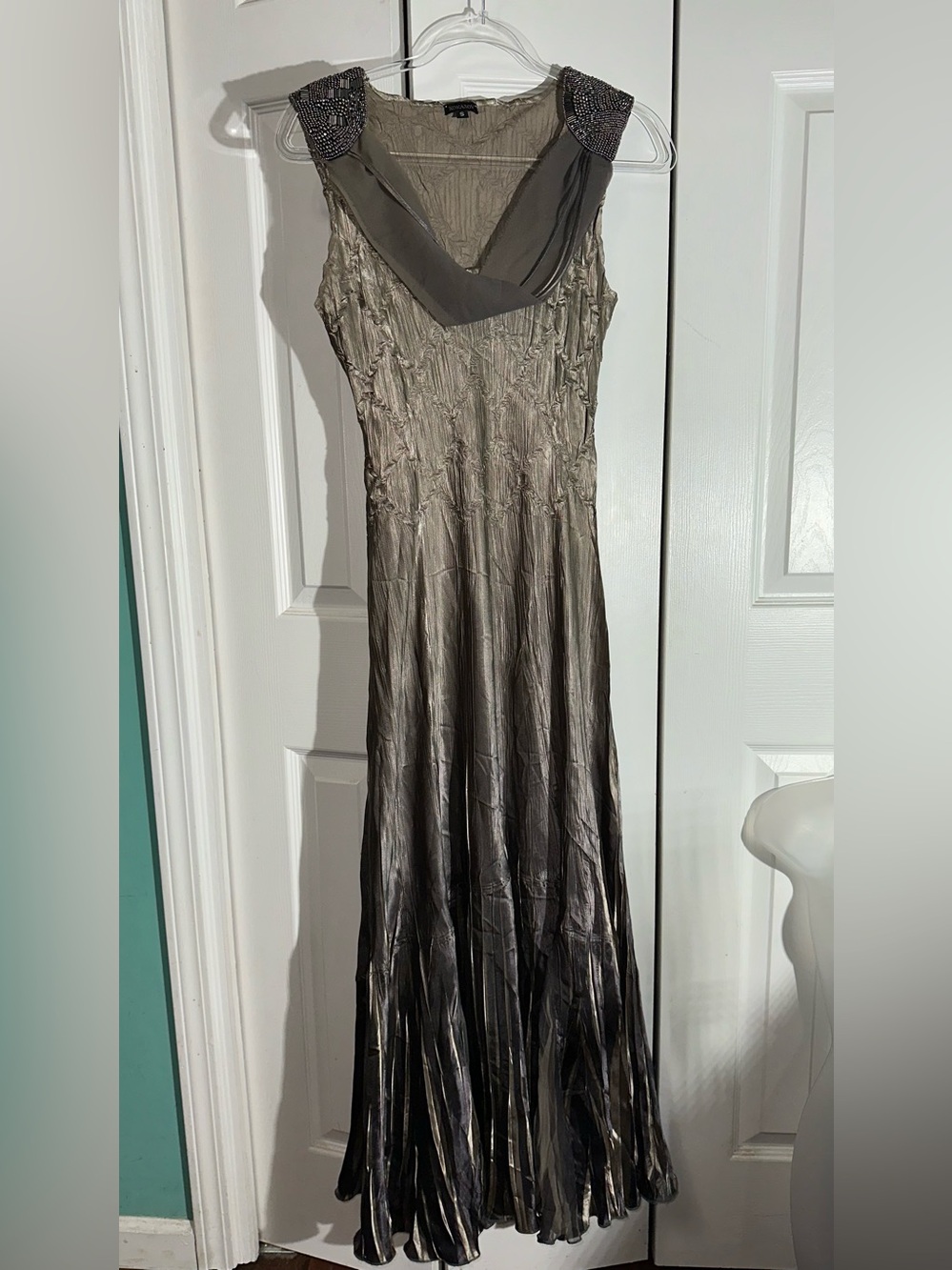 STUNNING Komarov Midi Dress Crinkle Poly Olive Green S Fairy Ethereal Y2K   AA22